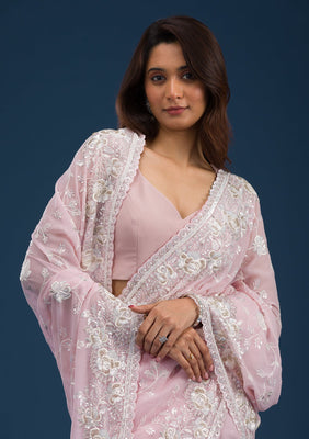 Pink Threadwork Georgette Saree