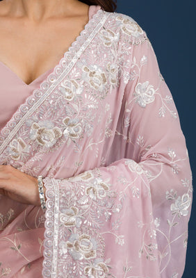 Pink Threadwork Georgette Saree