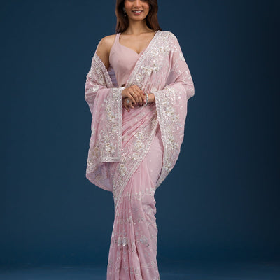 Pink Threadwork Georgette Saree