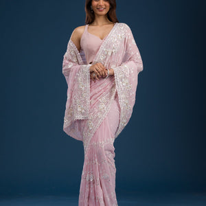 Pink Threadwork Georgette Saree