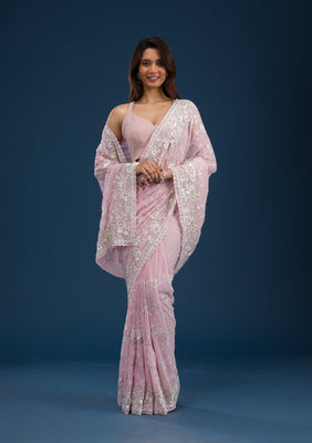 Pink Threadwork Georgette Saree