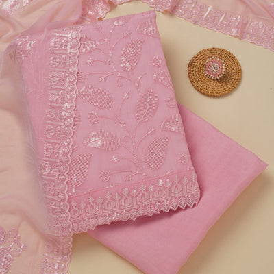 Pink Threadwork Organza Unstitched Salwar Suit
