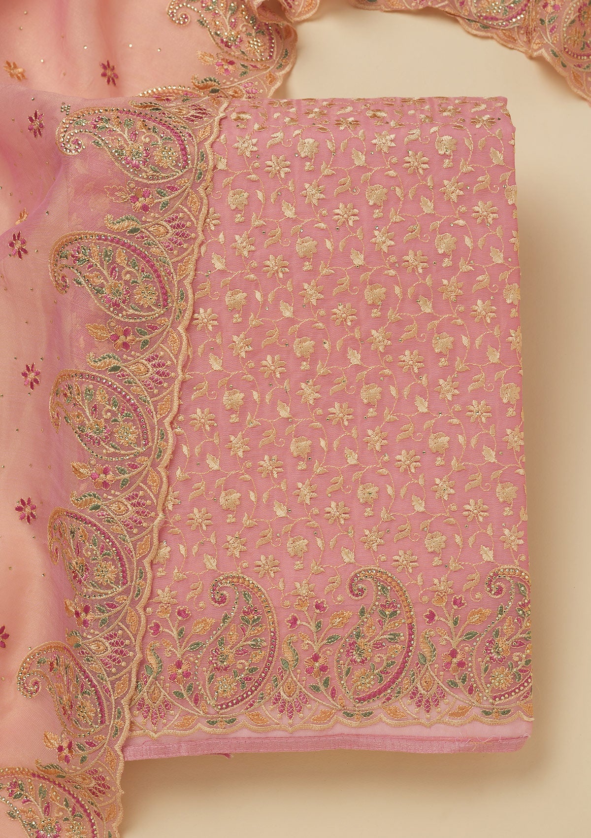 Pink Threadwork Organza Unstitched Salwar Suit