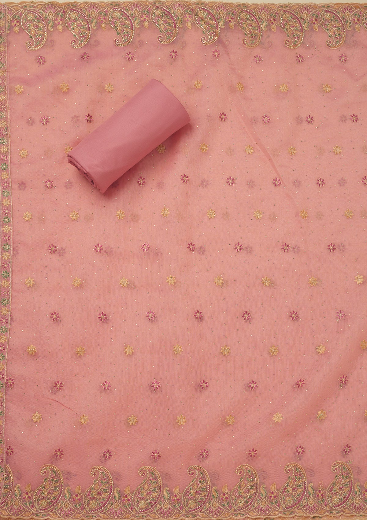 Pink Threadwork Organza Unstitched Salwar Suit