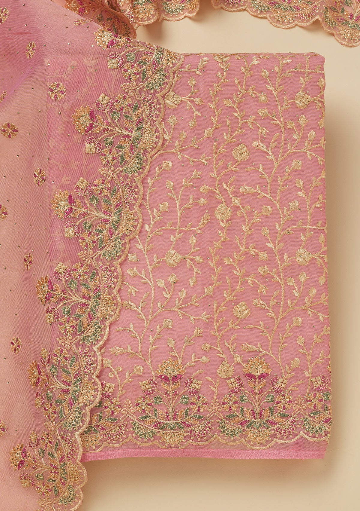 Pink Threadwork Organza Unstitched Salwar Suit