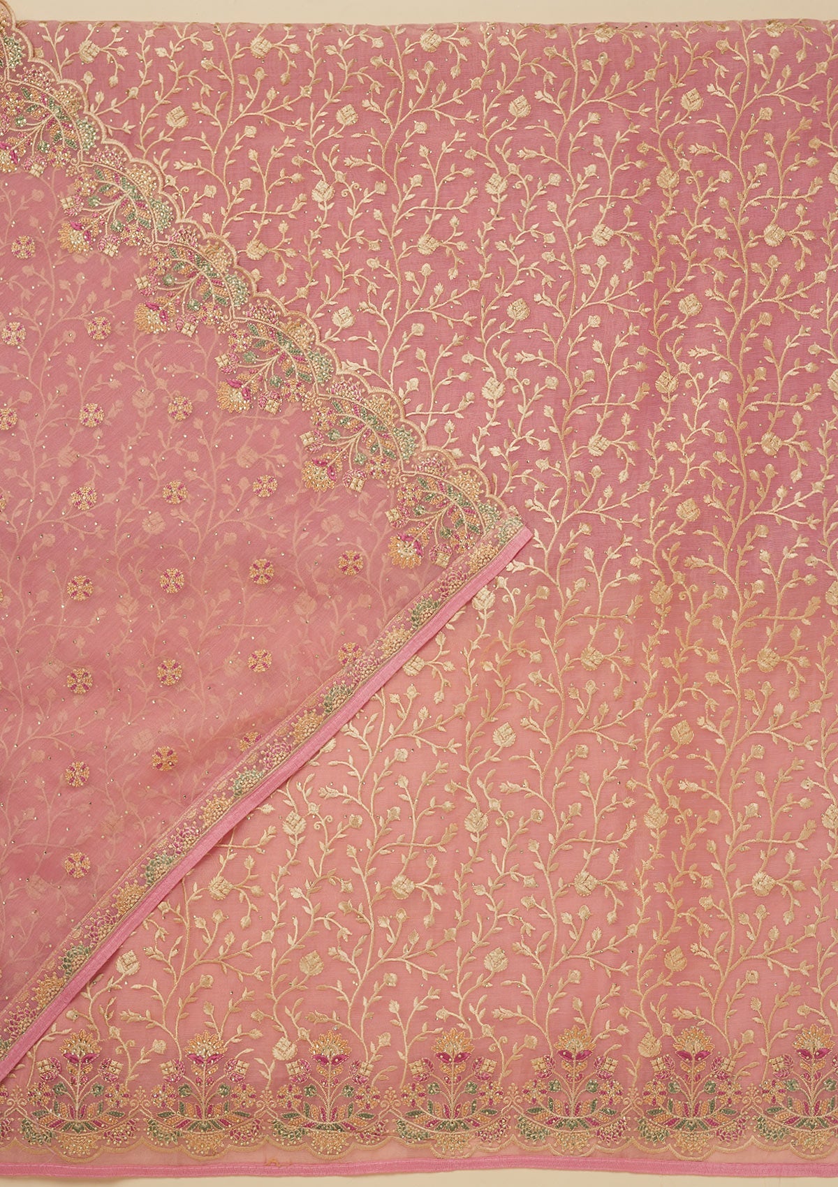 Pink Threadwork Organza Unstitched Salwar Suit