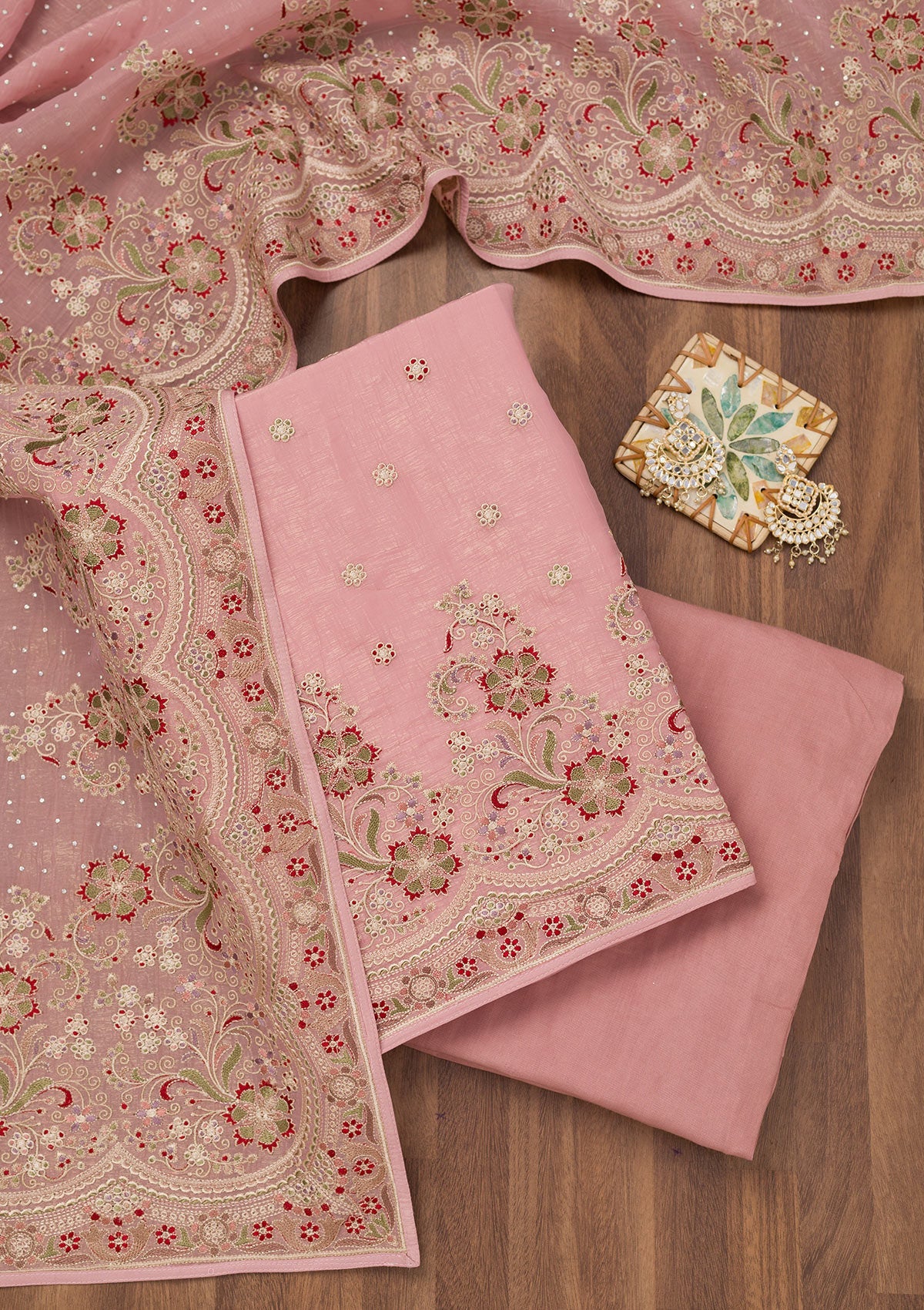 Pink Threadwork Semi Crepe Unstitched Salwar Suit