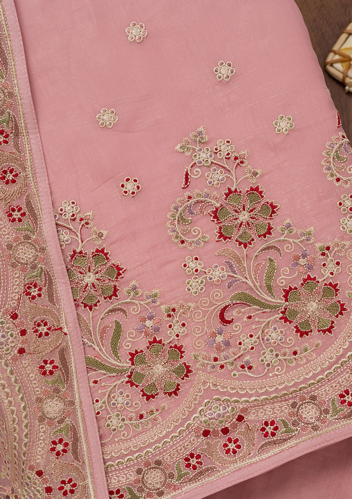 Pink Threadwork Semi Crepe Unstitched Salwar Suit