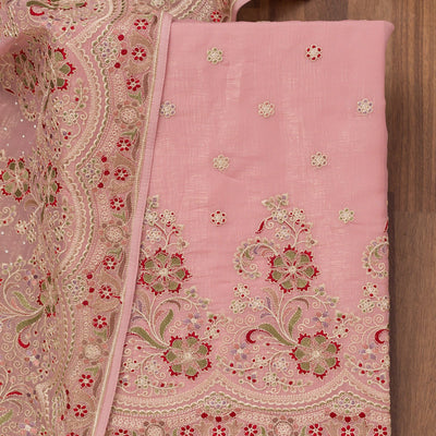 Pink Threadwork Semi Crepe Unstitched Salwar Suit