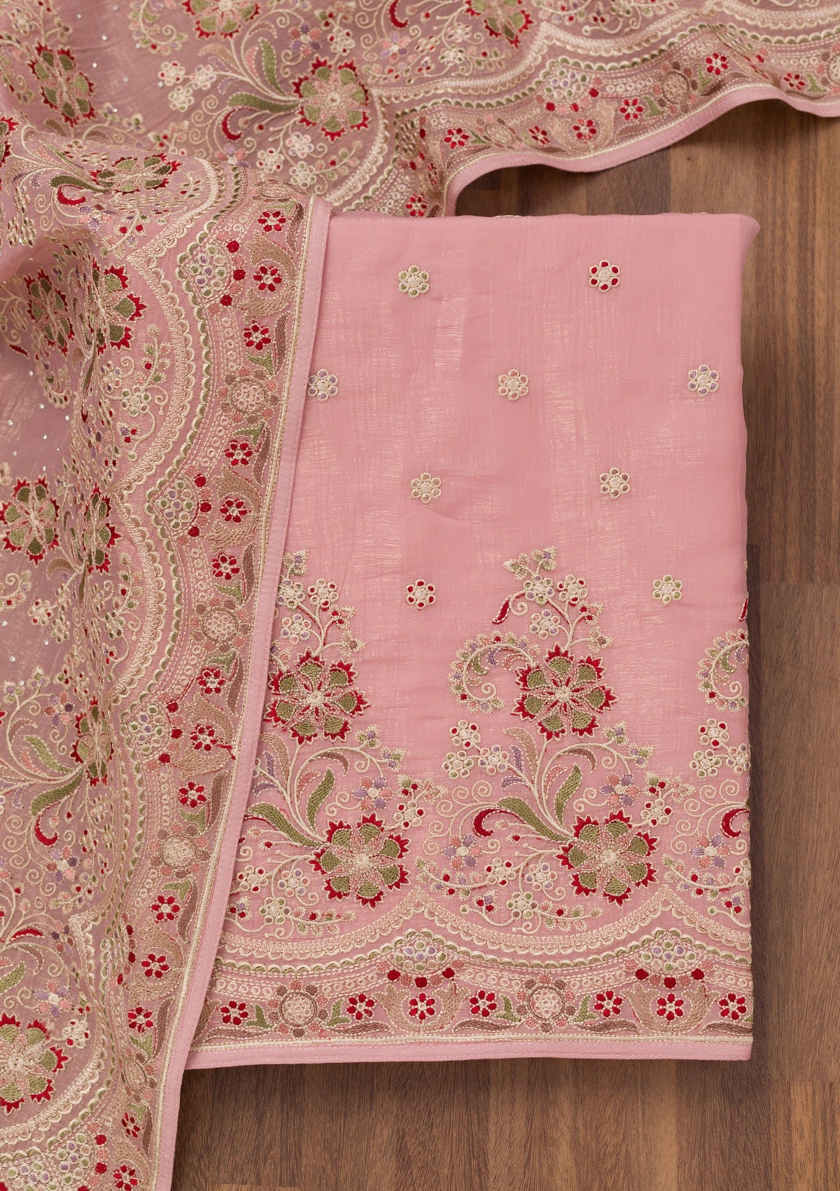 Pink Threadwork Semi Crepe Unstitched Salwar Suit
