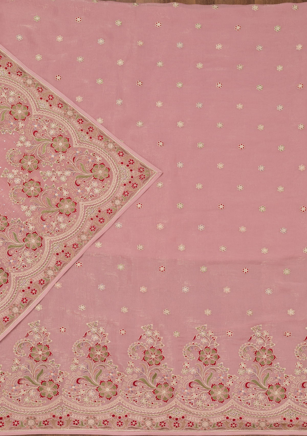 Pink Threadwork Semi Crepe Unstitched Salwar Suit