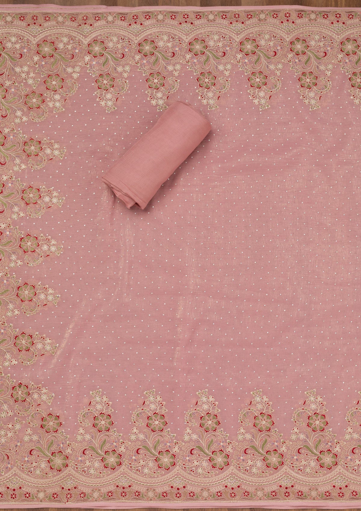 Pink Threadwork Semi Crepe Unstitched Salwar Suit