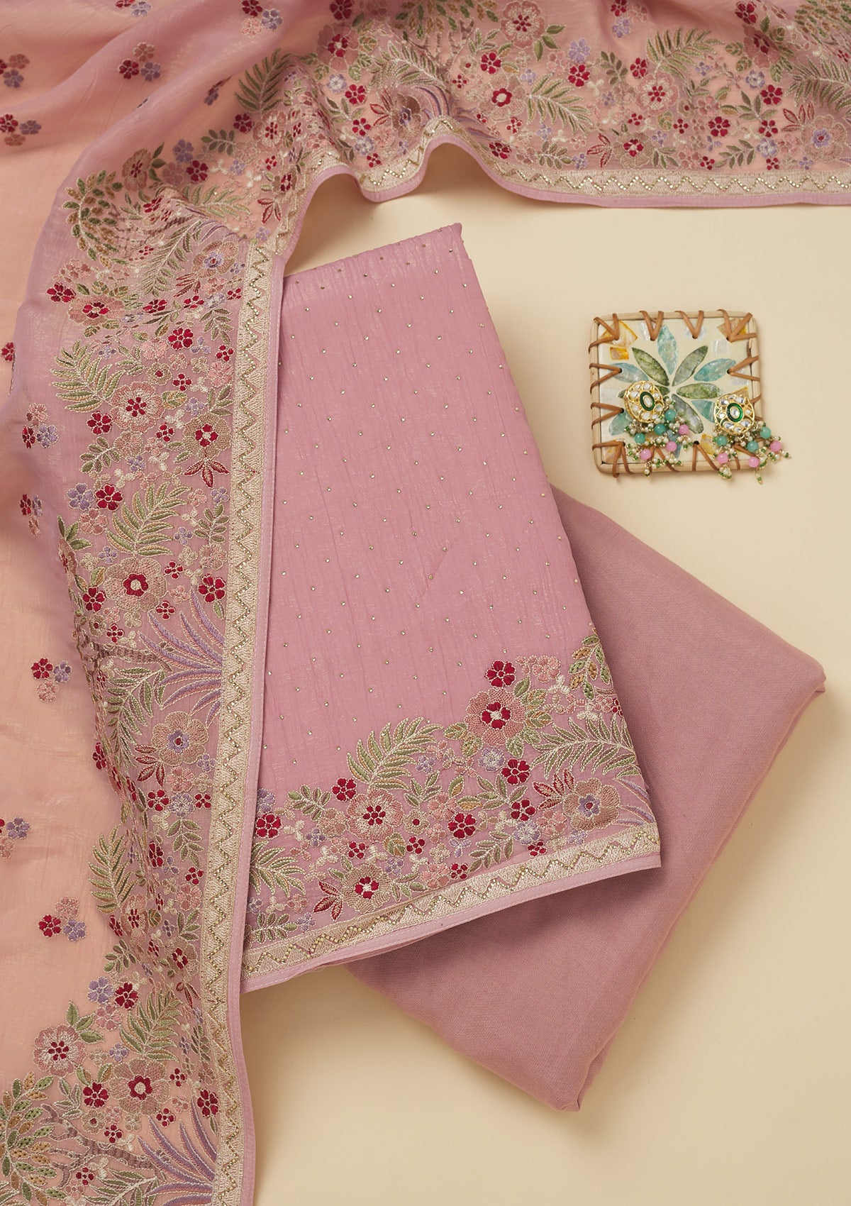 Pink Threadwork Tissue Unstitched Salwar Suit