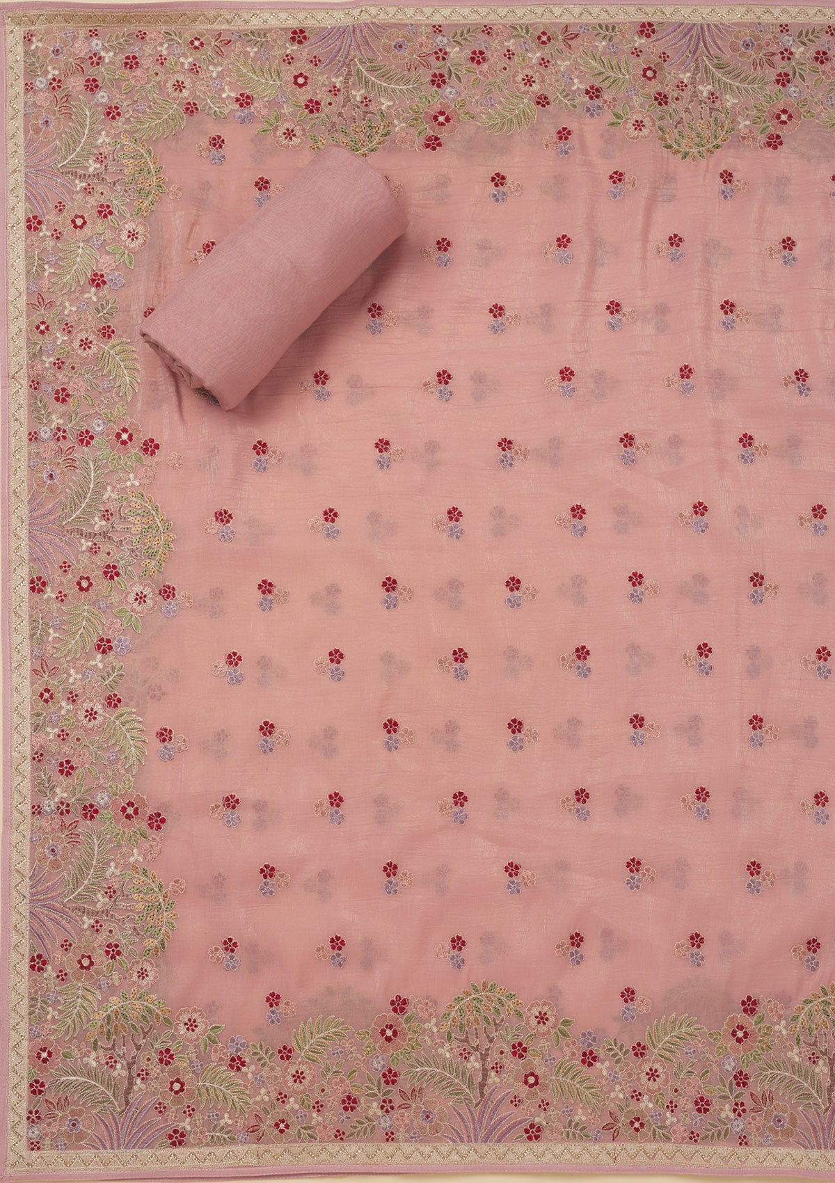Pink Threadwork Tissue Unstitched Salwar Suit