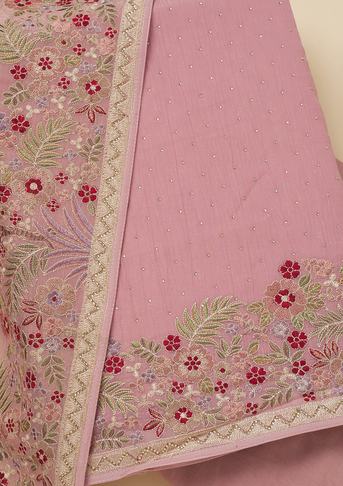 Pink Threadwork Tissue Unstitched Salwar Suit