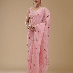 Pink Threadwork Tissue Saree