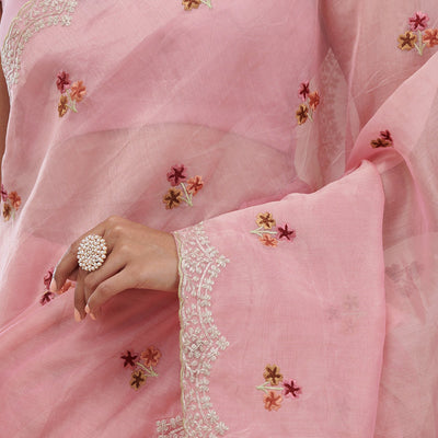 Pink Threadwork Tissue Saree