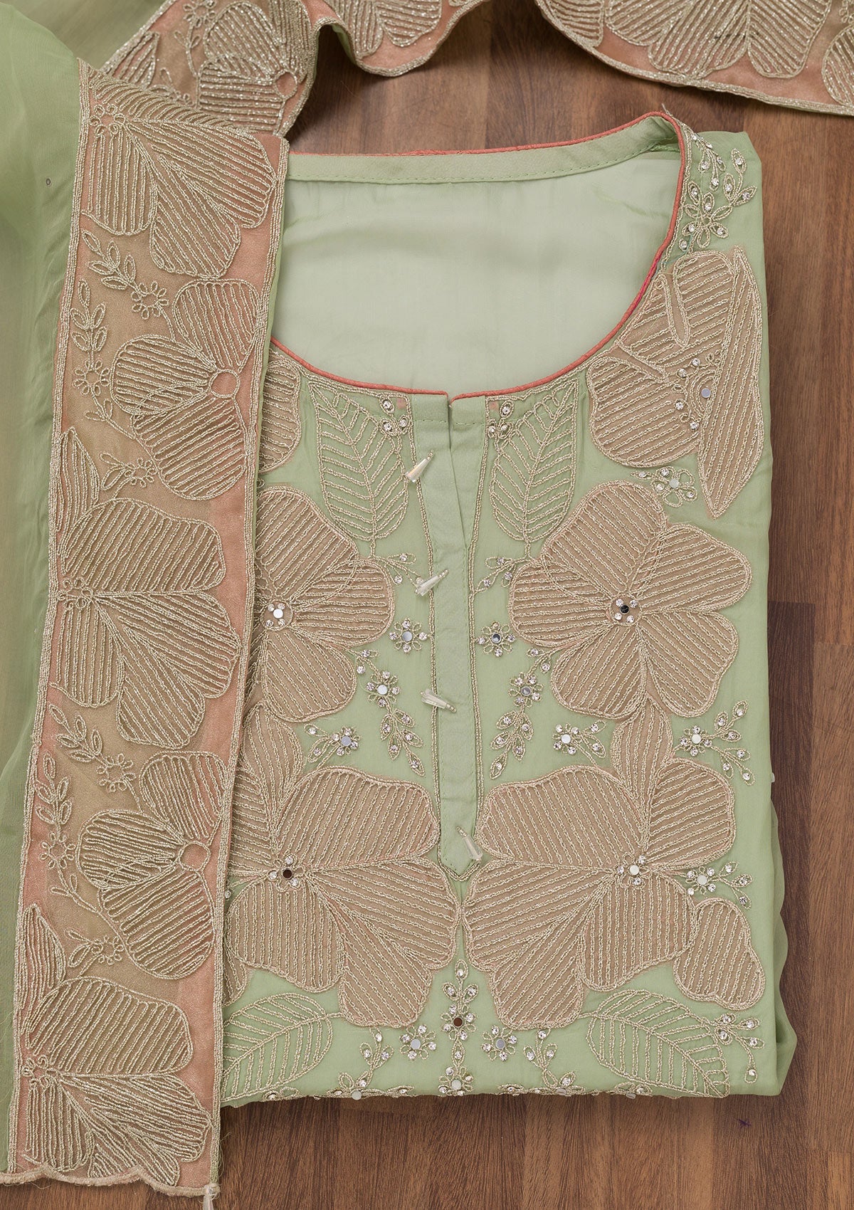Pista Green Threadwork Georgette Unstitched Salwar Suit