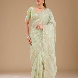 Pista Green Gotapatti Tissue Saree