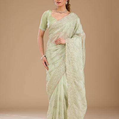 Pista Green Gotapatti Tissue Saree