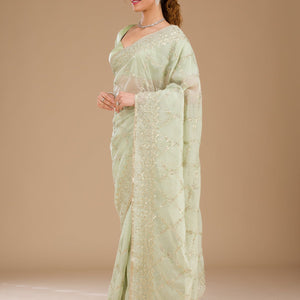 Pista Green Gotapatti Tissue Saree