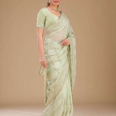 Pista Green Gotapatti Tissue Saree