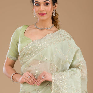 Pista Green Gotapatti Tissue Saree