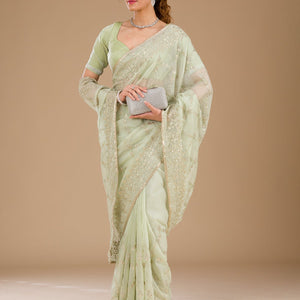 Pista Green Gotapatti Tissue Saree
