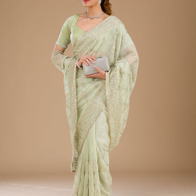 Pista Green Gotapatti Tissue Saree