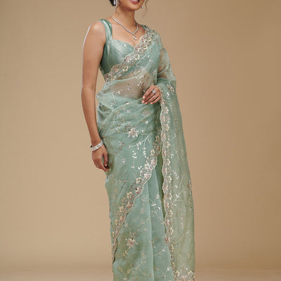 Pista Green Gotapatti Tissue Saree