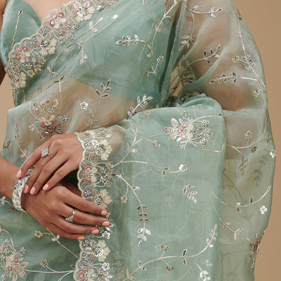 Pista Green Gotapatti Tissue Saree