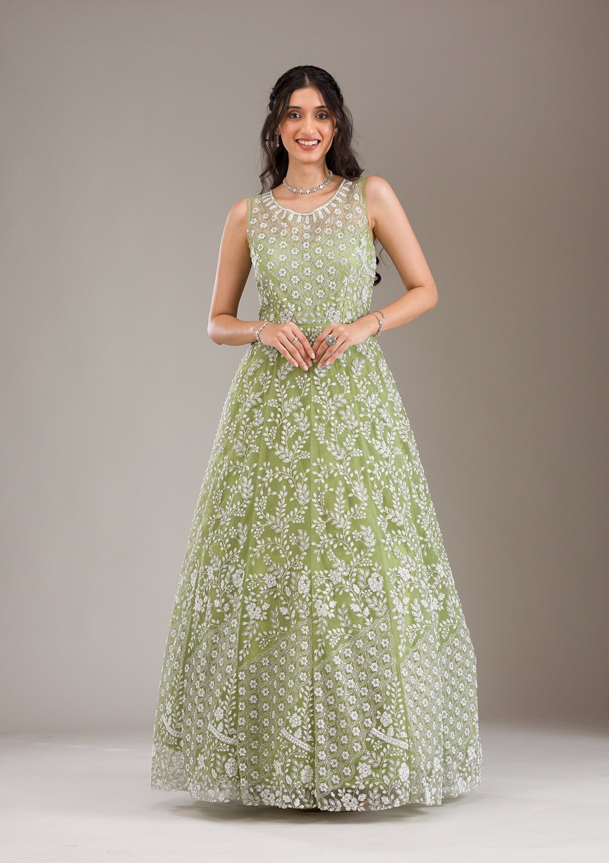 Pista Green Pearlwork Net Gown