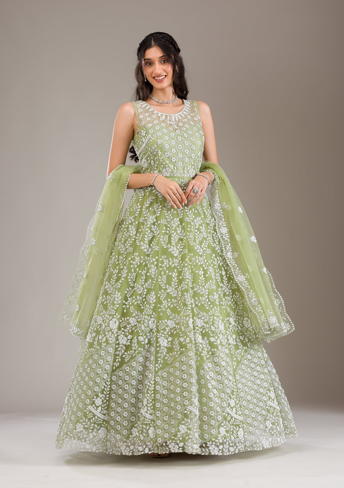 Pista Green Pearlwork Net Gown