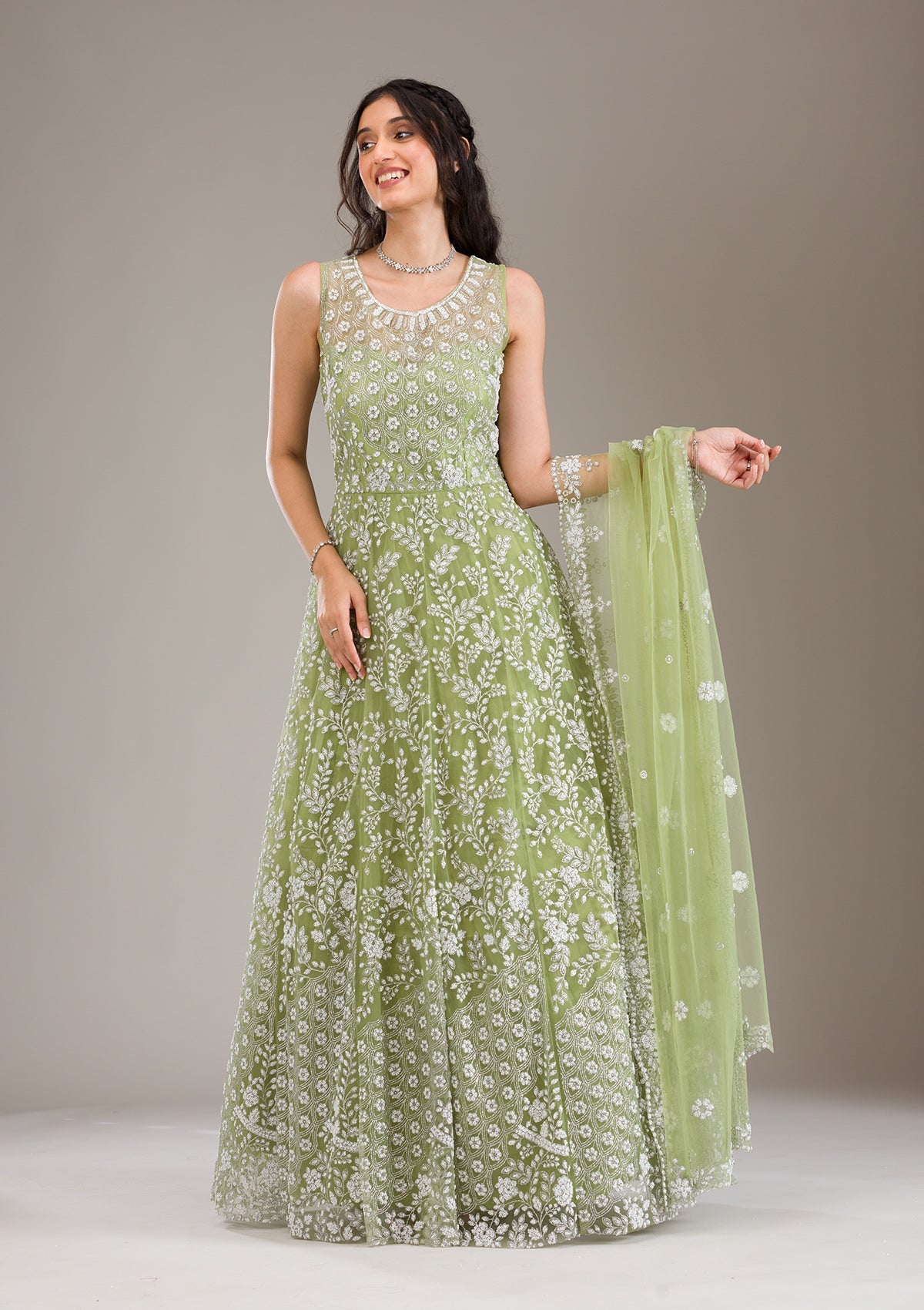 green net dress design Women Green Solid Net Maxi Dress