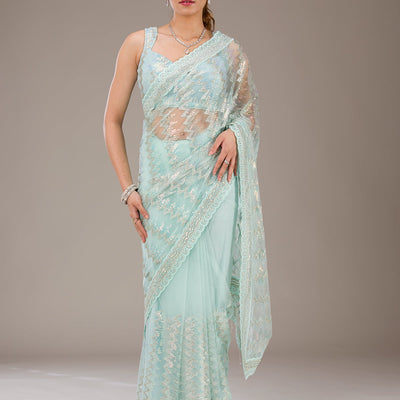 Pista Green Sequins Net Saree