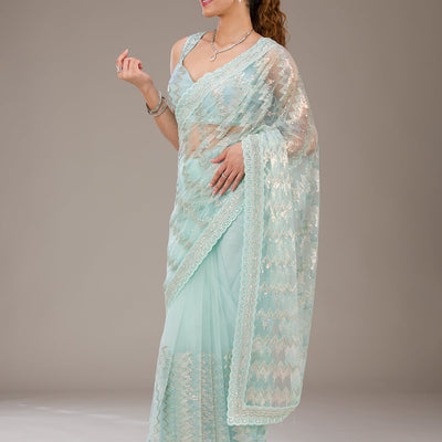 Pista Green Sequins Net Saree