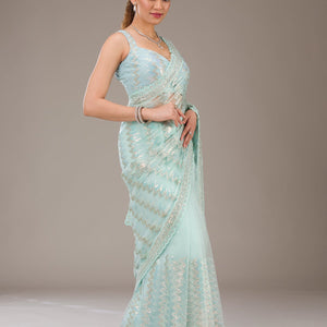 Pista Green Sequins Net Saree