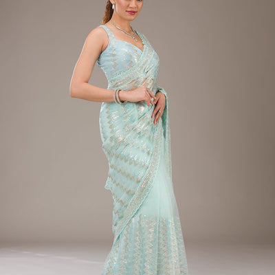 Pista Green Sequins Net Saree