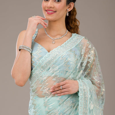 Pista Green Sequins Net Saree