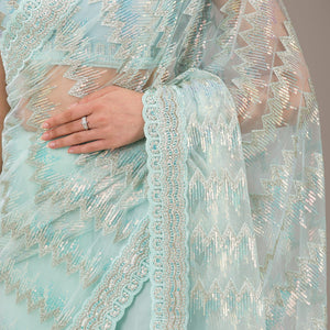 Pista Green Sequins Net Saree