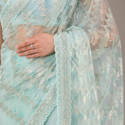 Pista Green Sequins Net Saree