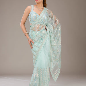 Pista Green Sequins Net Saree