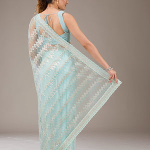 Pista Green Sequins Net Saree