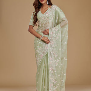 Pista Green Sequins Tissue Saree