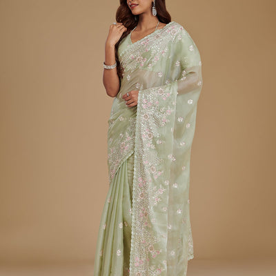Pista Green Sequins Tissue Saree
