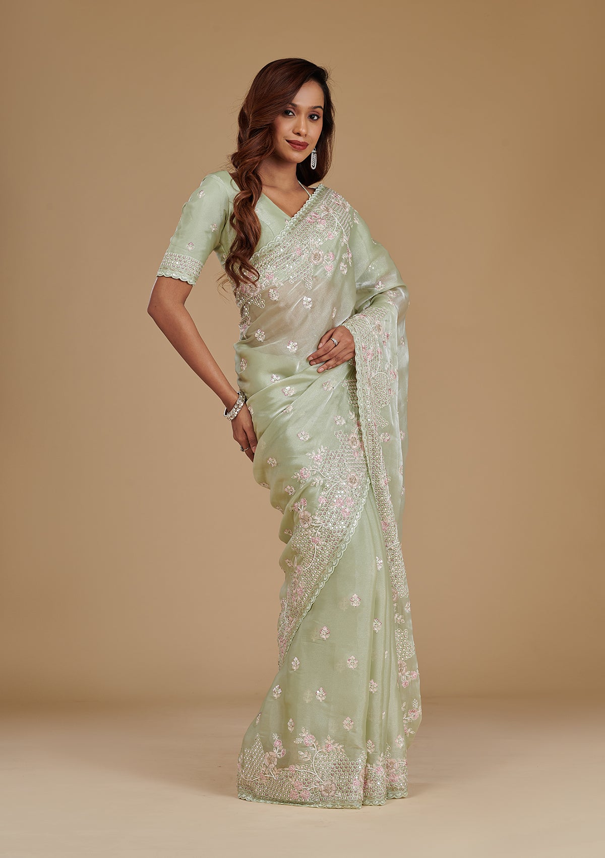 Pista Green Sequins Tissue Saree
