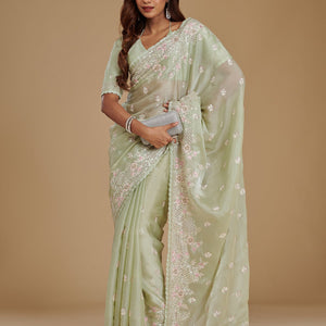 Pista Green Sequins Tissue Saree