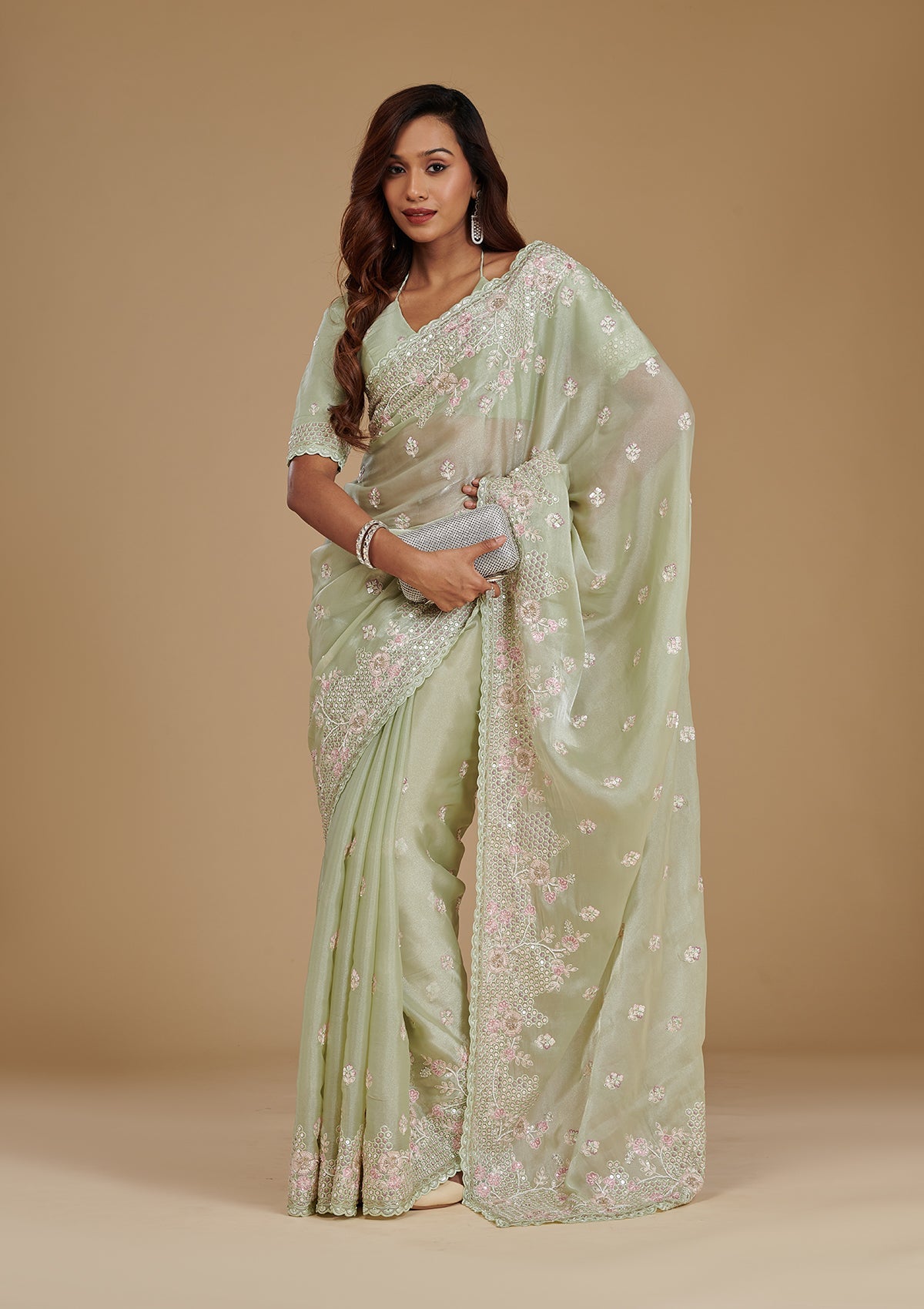 Pista Green Sequins Tissue Saree