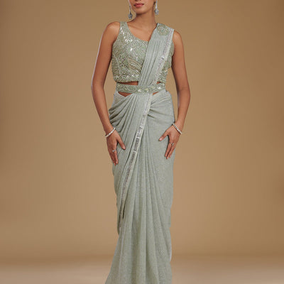Pista Green Stonework Chiffon Readymade Saree