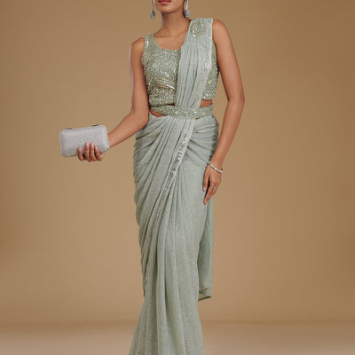Pista Green Stonework Chiffon Readymade Saree